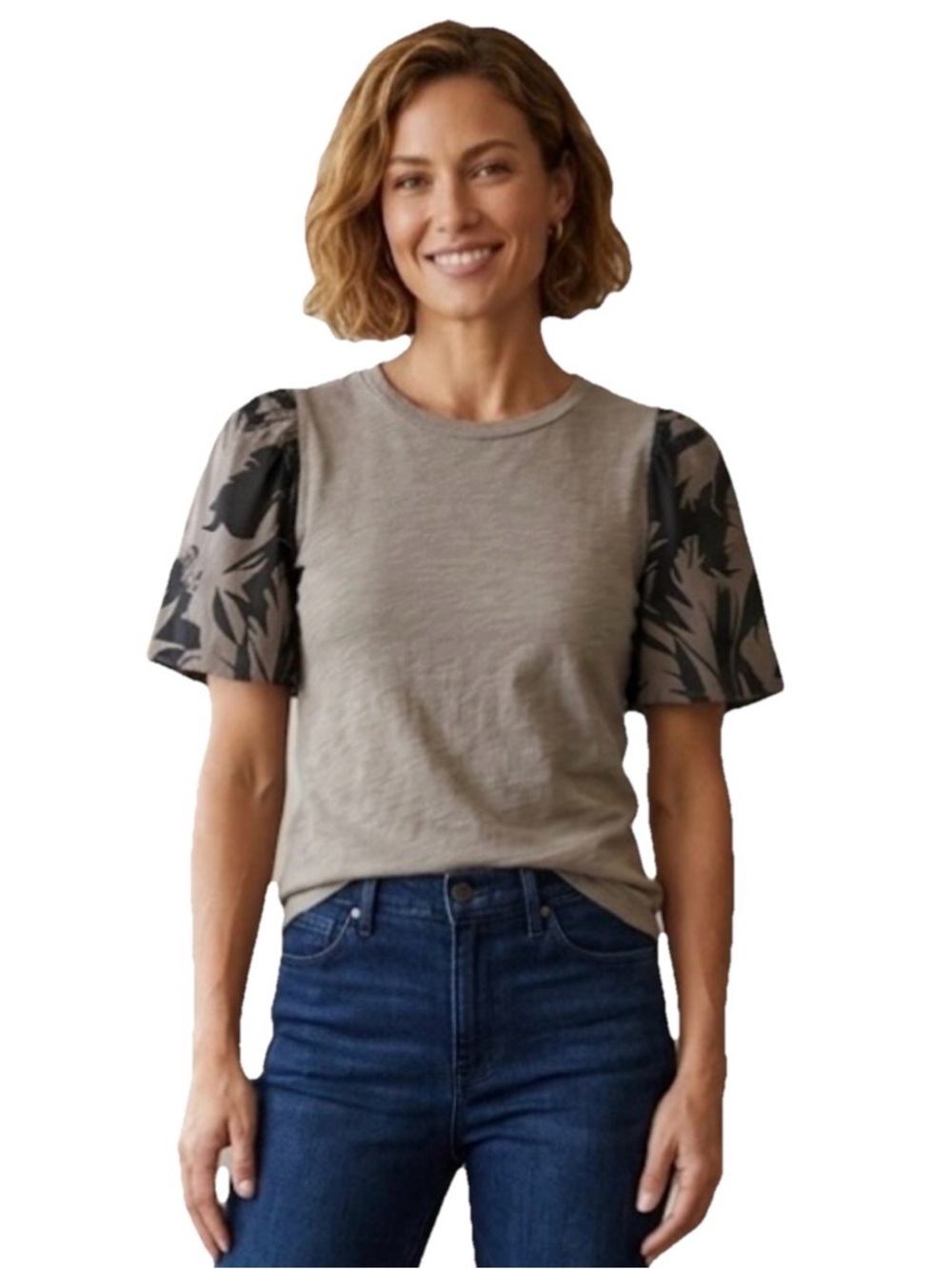 Anthropologie t.la Puffy Camo Women’s Brown Green Moss Cotton Sleeve Tee Size XS